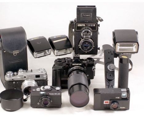 Black Olympus OM2n Outfit & Others. Black Olympus OM2n (condition 6F) with MD Drive (condition 6F), Quick Auto 310 flash (con