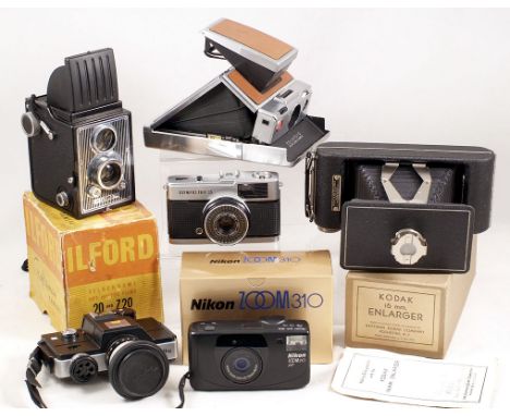 Polaroid SX-70 & Other Cameras. Polaroid SX-70 Land Camera (no battery) & case, plus Kodak 16mm cine film enlarger, Ilford TL