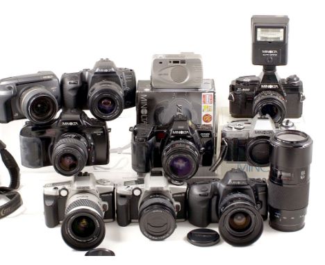 10 Minolta Dynax Cameras & 70-210mm Zoom. Black Minolta X-300 with 50mm f1.7 & flash (condition 5F). Plus chrome X-300, Dynax