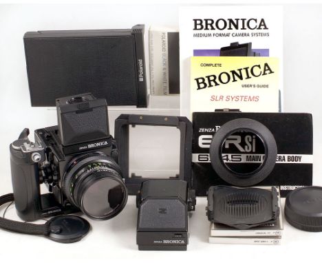 Bronica ETRSi Outfit & Case. Bronica ETRSi complete with WLF & 75mm f2.8 lens (condition 4F); Speed Grip (condition 5E); AE-I