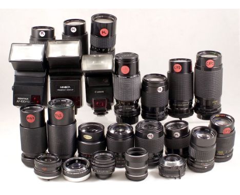 Mixed Lot of Lenses & Flash. Manual focus (after-market) lenses for Canon FD (135 f2.8 Super Olenck etc), Pentax M42 (Mirage 