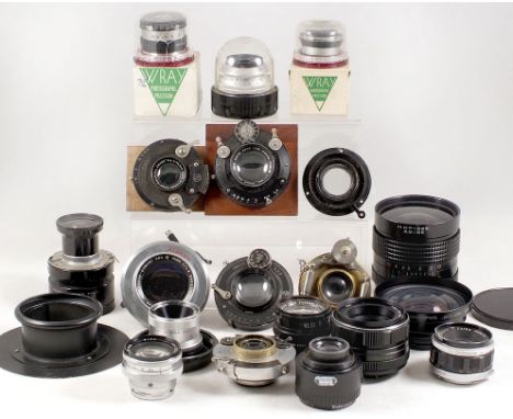 Lens & Shutter Collection. Quantity of Shutters & lenses, including 5 1/4" TT& H Cooke Avar in Acme shutter; Ernemann 13.5cm 