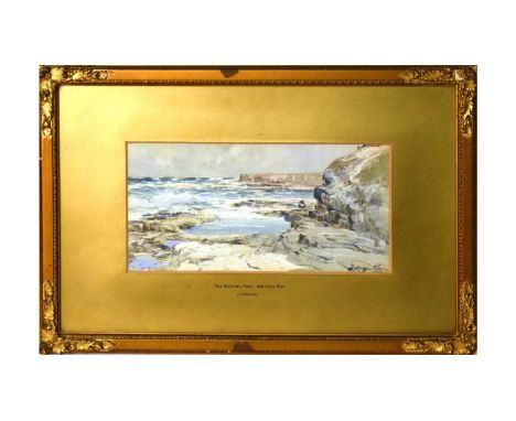 Thomas Swift Hutton (1865 - 1935)"The Bathing Pool, Whitley Bay", Table Rocks,signed,watercolour,15 x 30cms, framed.
