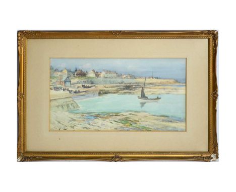 Thomas Swift Hutton(1865-1935)Cullercoats Harbour with Watch House,signed,watercolour,22 x 40cms, framed.