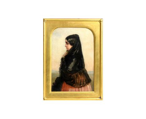 19th Century French SchoolPortrait of a Spanish Maja; three-quarter-length and foiled against a sunset,oil on canvas,29 x 19c
