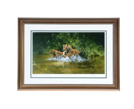 After David Shepherd(1931-2017)"Indian Summer"; depicting tigers frolicking in a river,pencil signed, titled, and numbered,li