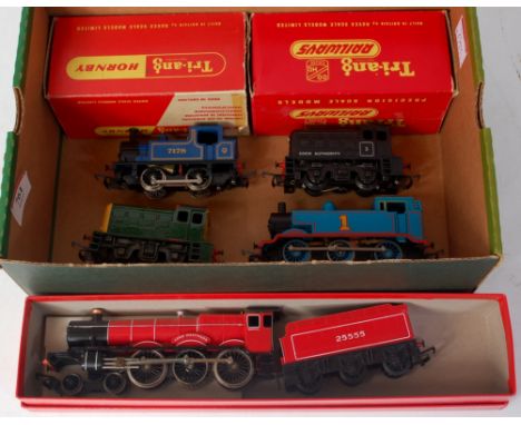 Triang Hornby dock authority shunter black No. 3 (G), another red repainted BR  green (FR), an 0-4-0 freelance industrial tan