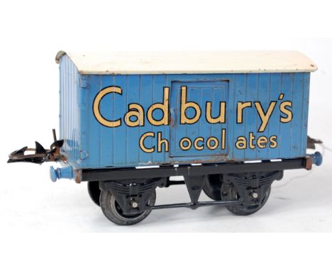 Hornby 1938-41 Cadbury's chocolate van on black standard base with lighter blue body, block letters and white roof with light