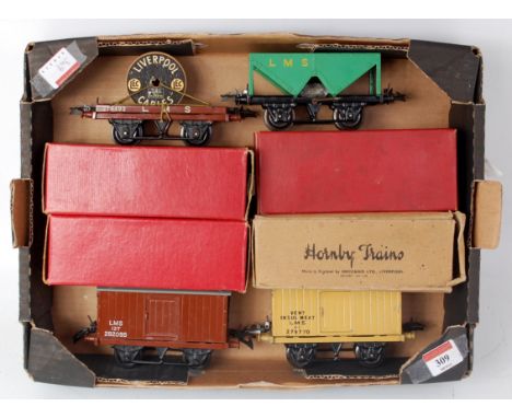 4x Hornby boxed LMS postwar wagons including 1948 No. 1 refrigerator van buff body without flat lettering panel, grey roof, b
