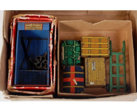 Hornby 1928-41 Railway accessories No. 7 set comprising watchman's hut, brazier shovel and poker (G-BF), with a 1931-8 Railwa