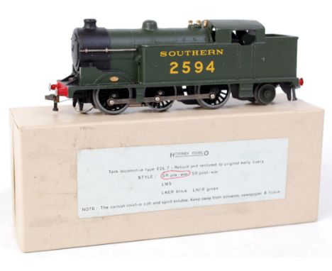 Hornby Dublo EDL17 0-6-2 tank engine, repainted in southern Olive Green, 2594 to cabsides (GRP)