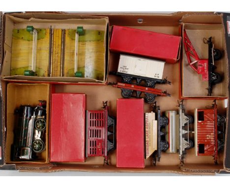 A large tray of postwar Hornby items including No. 51 BR clockwork loco missing rods on offside (F-BG), BR No. 1 milk traffic
