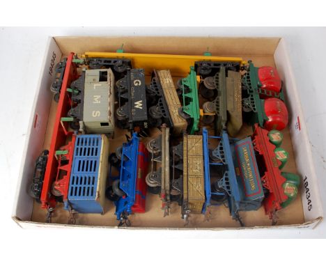 A tray of 15 assorted prewar wagons including barrel wagon, wine wagon, McAlpine side tipper, McAlpine rotary tipper, fibre m