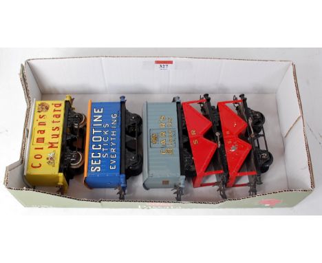 5 completely repainted Hornby wagons including Colman's Mustard with sliding doors, Seccotine on postwar base, Carr's Biscuit