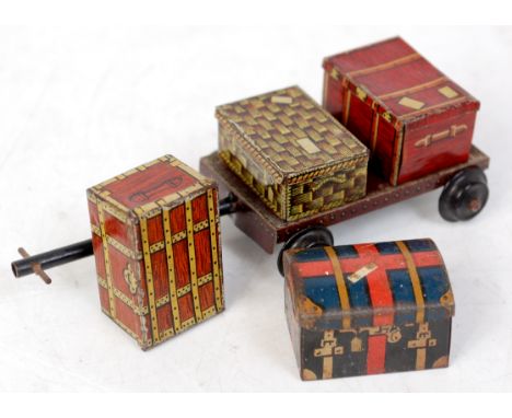 Bing luggage set comprising trunk round top, hamper and 2 flat top trunks with trolley (all F-G)