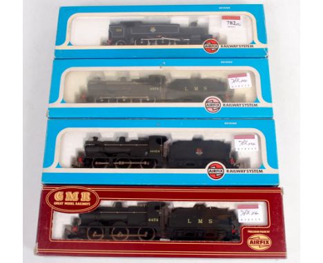 An Airfix BR lined black Prairie tank engine (G-BG), a BR black Fowler class 4F engine tender (G-BG) and 2 LMS class 4F engin
