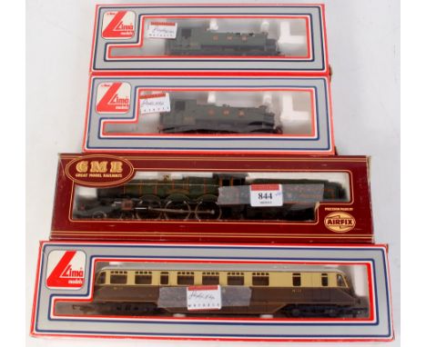 Lima GWR railcar No. 22, 2 Pannier tank engines GWR No. 9400 and a GMR (Airfix) 'Caerphilly Castle' engine and tender (all G-