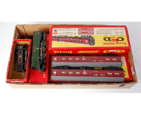A Triang R356/R38 BR green 'Winston Churchill' engine and tender (G-BD), a Jinty tank engine in a R152 diesel shunter box (G-