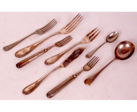 Railway cutlery; Orient Express fish knife & fork Orient Express dinner fork, LMS, RR tea spoon, LMS fork, Southern railway s