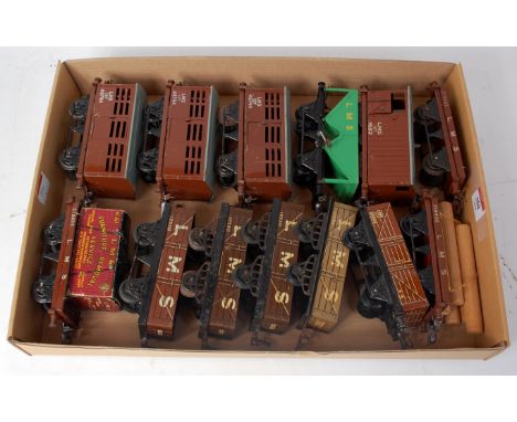 A tray of 13 postwar LMS wagons including brake van, 3x cattle trucks, hopper, flat truck, flat with wooden load, flat with f