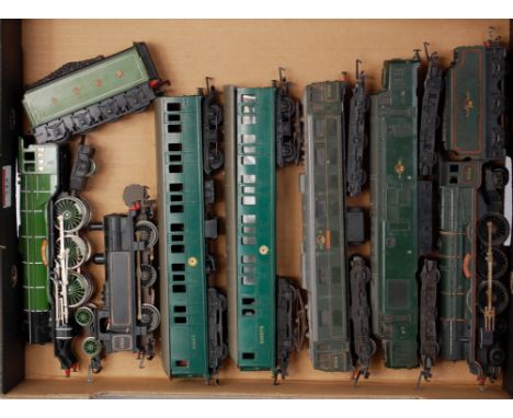 Tray containing Triang green Princess engine and tender, green class 37 diesel, 'Electra', Co-Co, 2 car EMU, Jinty tank engin