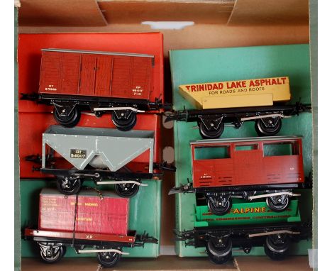 6x Hornby No. 50 wagons including goods van, cattle truck, low sided with furniture container, rotary tipper, hopper wagon, a