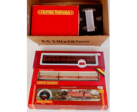 Hornby R633 BR freightliner wagon (NM-BNM), R055 LMS maroon 2-6-4 tank engine No. 2300 (G-BG), a 902 circuit controller (G-BG