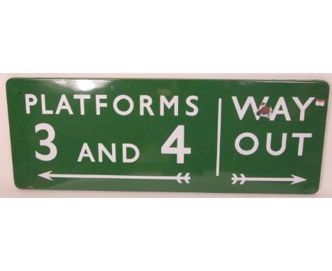 A British Railways SR green enamel direction sign 48"x18" Platforms 3 and 4 (left arrow), Way Out (right arrow), area of enam