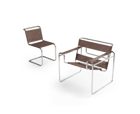 Marcel Breuer (Hungarian 1902-1981) for Thonet 'B3' Club Chair, designed 1925-7 and 'B33' Side Chair tubular steel frames, sl