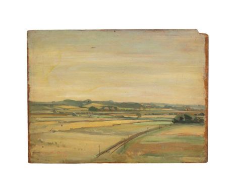 Teng-Hiok Chiu (Chou Ting-Hsu)  (Chinese 1903-1972) Railroad Through Fields, 1926 signed and dated (lower left), oil on board
