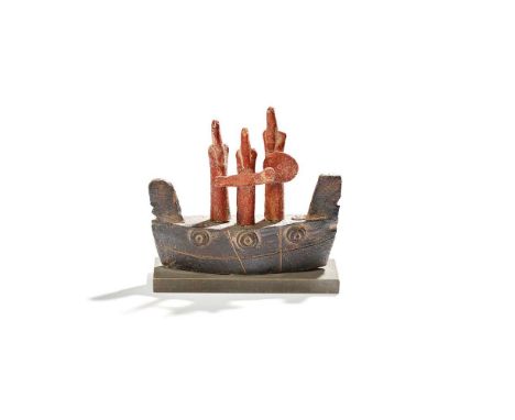 § John  Maltby (British 1936-2020) Boat People signed and titled (to base), stoneware on wooden baseDimensions:overall 15.2cm