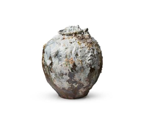 § Akiko Hirai (Japanese 1970-) Large Moon Jar, 2017 painted artist's mark, grogged stoneware, rugged and cracked porcelain de