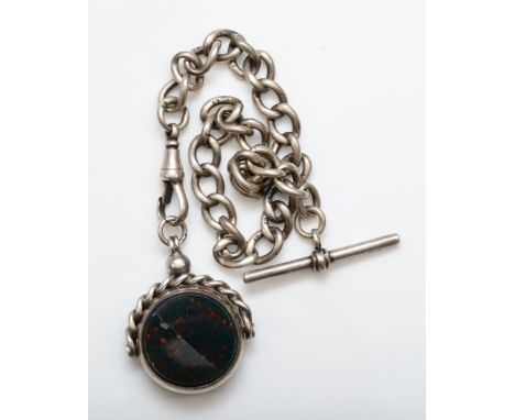 A silver carnelian and bloodstone swivel pocket watch fob, by James Alexander, Birmingham 1894, on a silver t-bar pocket watc