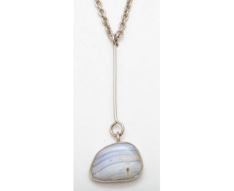 A silver blue lace agate drop pendant, 82mm, on silver chain, 41gm. 