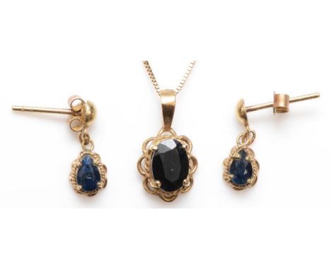 A gold sapphire pendant, unmarked, on 375 gold chain, together with a pair of unmarked gold sapphire drop earrings, 2.4gm. 