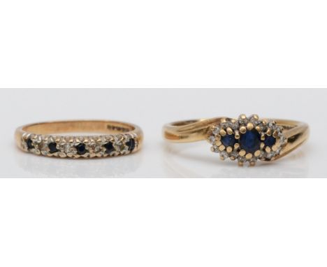 Two 9ct gold sapphire and diamond dress rings, cluster Q, row K, 4.3gm. 