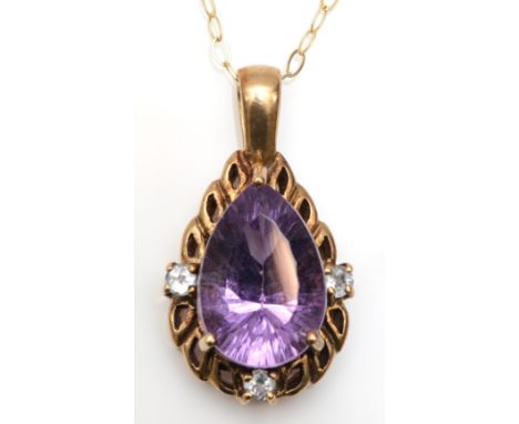 A 9ct gold amethyst and brilliant cut white stone pendant, on 9k chain, 21mm, 2.5gm. 