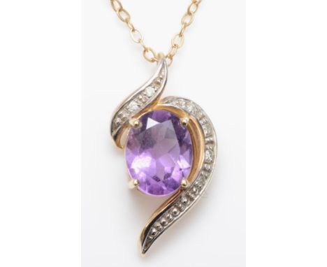 A 9ct gold amethyst and illusion set diamond pendant, on 9k gold chain, 21mm, 2.2gm. 