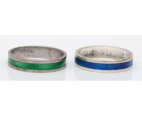 Two Norwegian silver and enamel rings, by David Anderson, blue L-M, green M-N, 4gm.Condition report - the blue ring has a 5mm