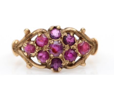 A 9ct gold ruby cluster ring, O-P, 2gm. 