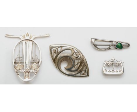 Four silver brooches to include a silver enameled leaf brooch, by Malcolm Gray, 39mm, a silver longboat brooch, by Ola Gorie,