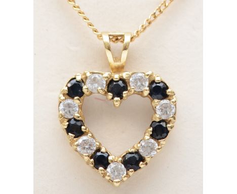 A 375 gold sapphire and cubic zirconia heart shaped pendant, on 375 gold chain, 18 x 13mm, 2.4gm. 