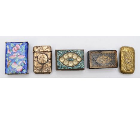Two match box holders with enamel and paste stone, a black lacquered snuff box and two vesta cases.