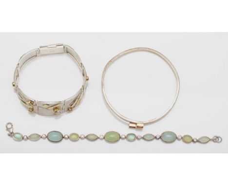 A Modernist silver two tone gem set paneled bracelet, stamped stg, 19cm, together with a silver bangle and bracelet, 76gm.Con