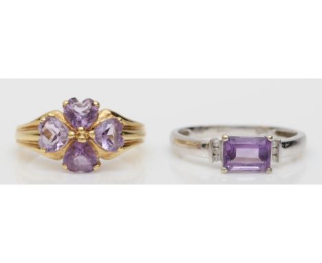 A 9ct gold heart shaped cut amethyst floral dress ring, M, together with a 9ct white gold emerald cut amethyst and diamond dr