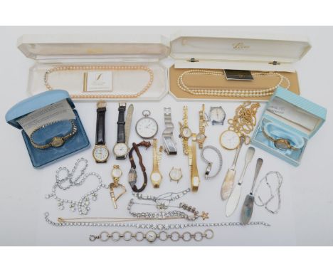 A 375 white gold flat link chain, 45cm, 3gm, together with fashion wrist watches, a Swedish silver cased pocket watch, 36247,