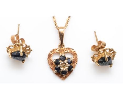 A 9ct gold sapphire and eight cut diamond floral heart shaped pendant, on 375 gold chain, 17mm, together with a pair of unmar