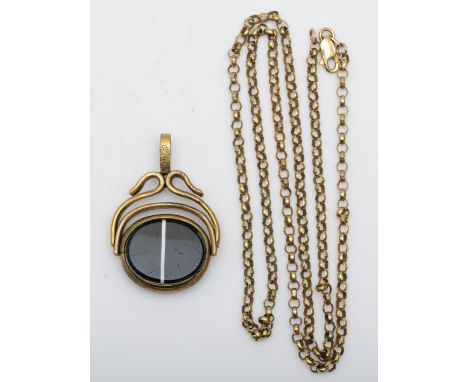 A 9ct gold belcher link chain, 8.6gm, with a gold plated agate and bloodstone swivel watch fob. 