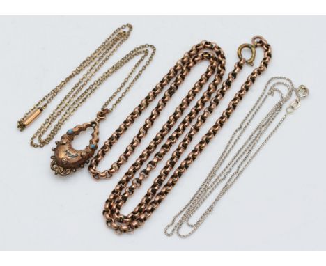 A 14k white gold fine link chain, 1.6gm, together with a Victorian rolled gold pendent and a belcher chain.Condition report -