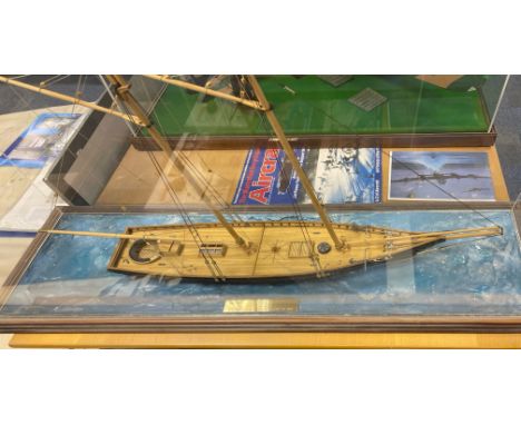 A scratch built cased wooden model of  'The America' 1:32 scale, winner of 1851 cup, built by John Bertola 88 x 57 x 23cm (Or